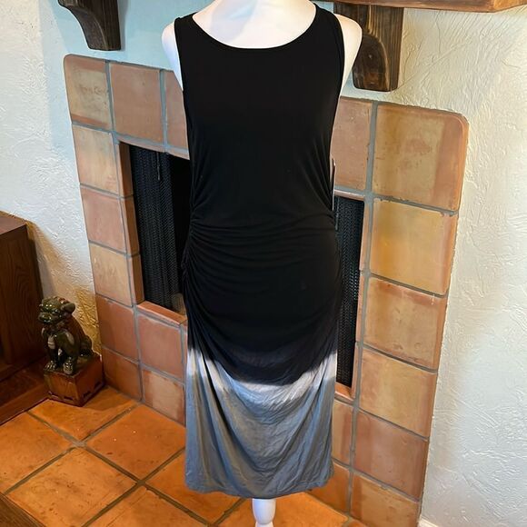 Athleta Black and Gray Tie Dye Tank Sleeveless Scrunch Sides Midi Dress, size L - Picture 1 of 10